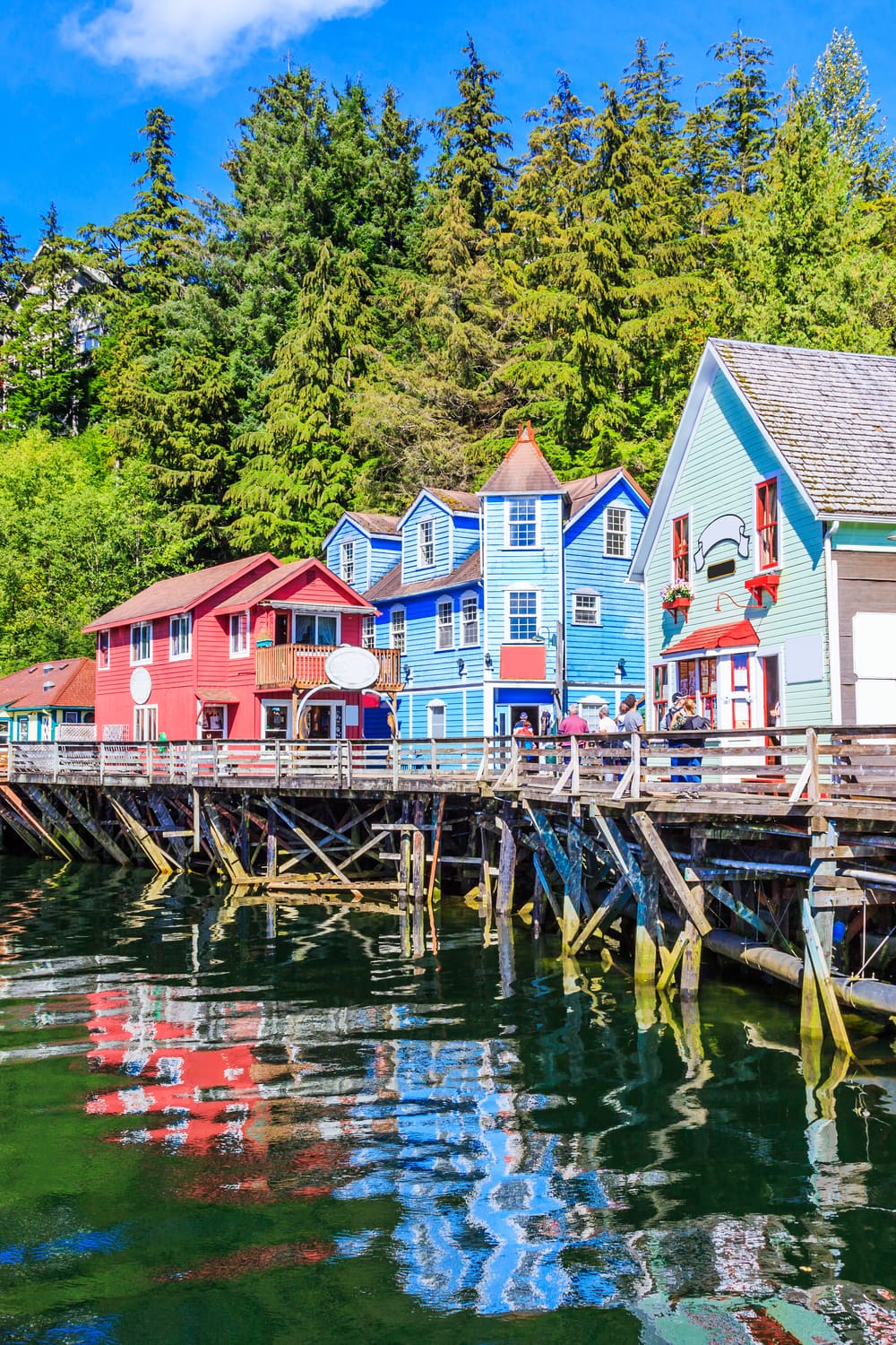 colorful buildings on the waterfront of an Alaskan port town